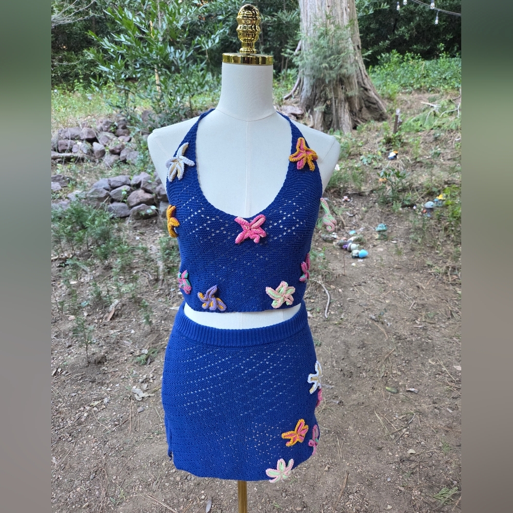 Fashion Nova 100% Cotton Blue Knit‎ Skirt Set with Colorful Floral Details